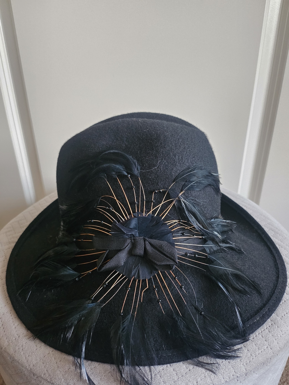 Vintage Black Wool Fedora with Feather and Gold By Mary Franke